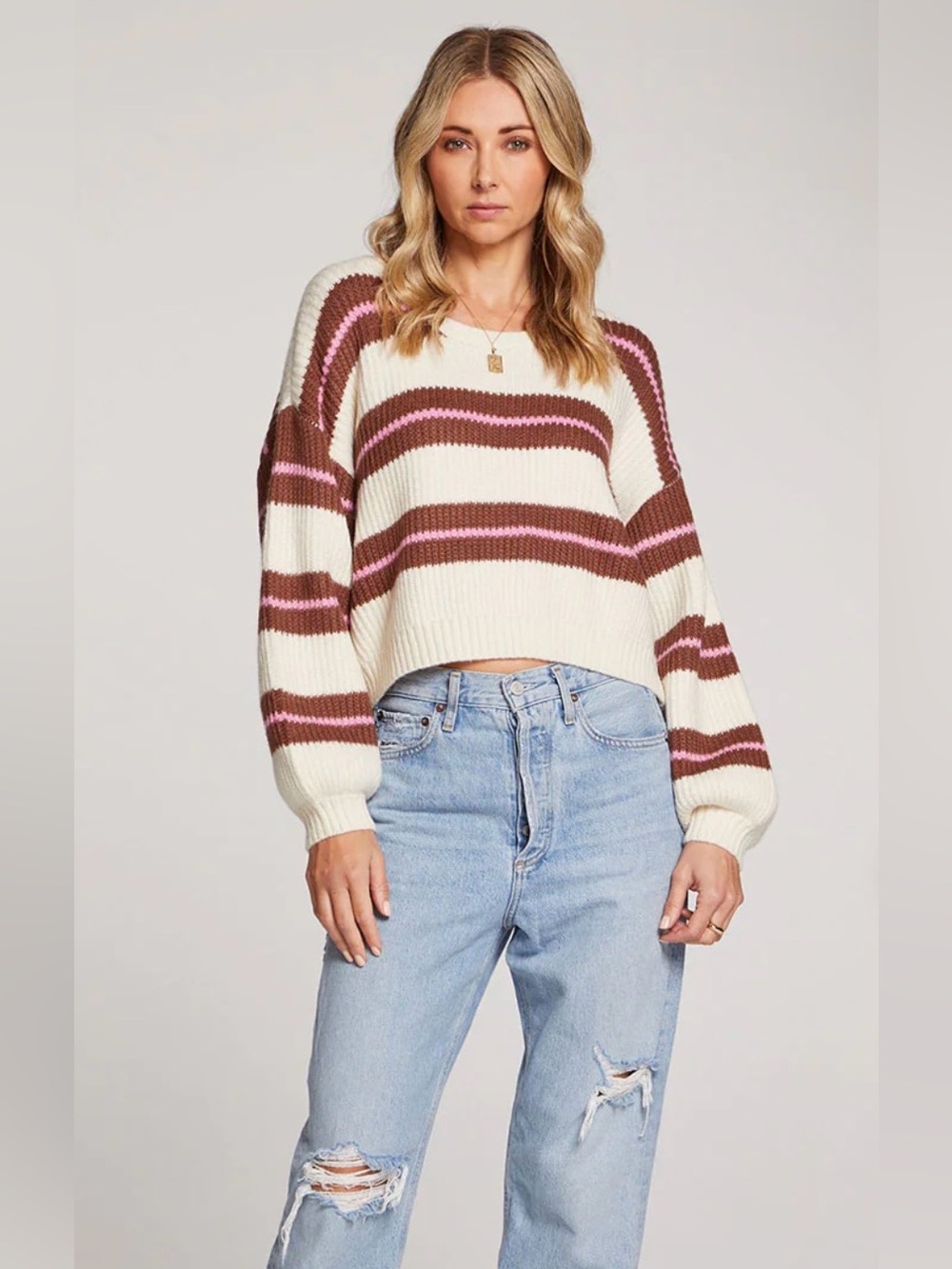 Saltwater Luxe Mimi Sweater Cream Brown Pink Stripe Cropped Sweater Size S NWT